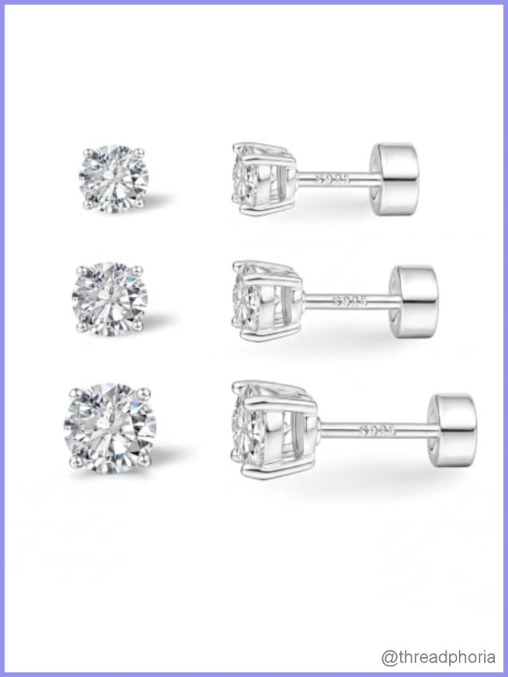 3 Pairs Stud Earrings for Women 925 Sterling Silver Post Flat Back